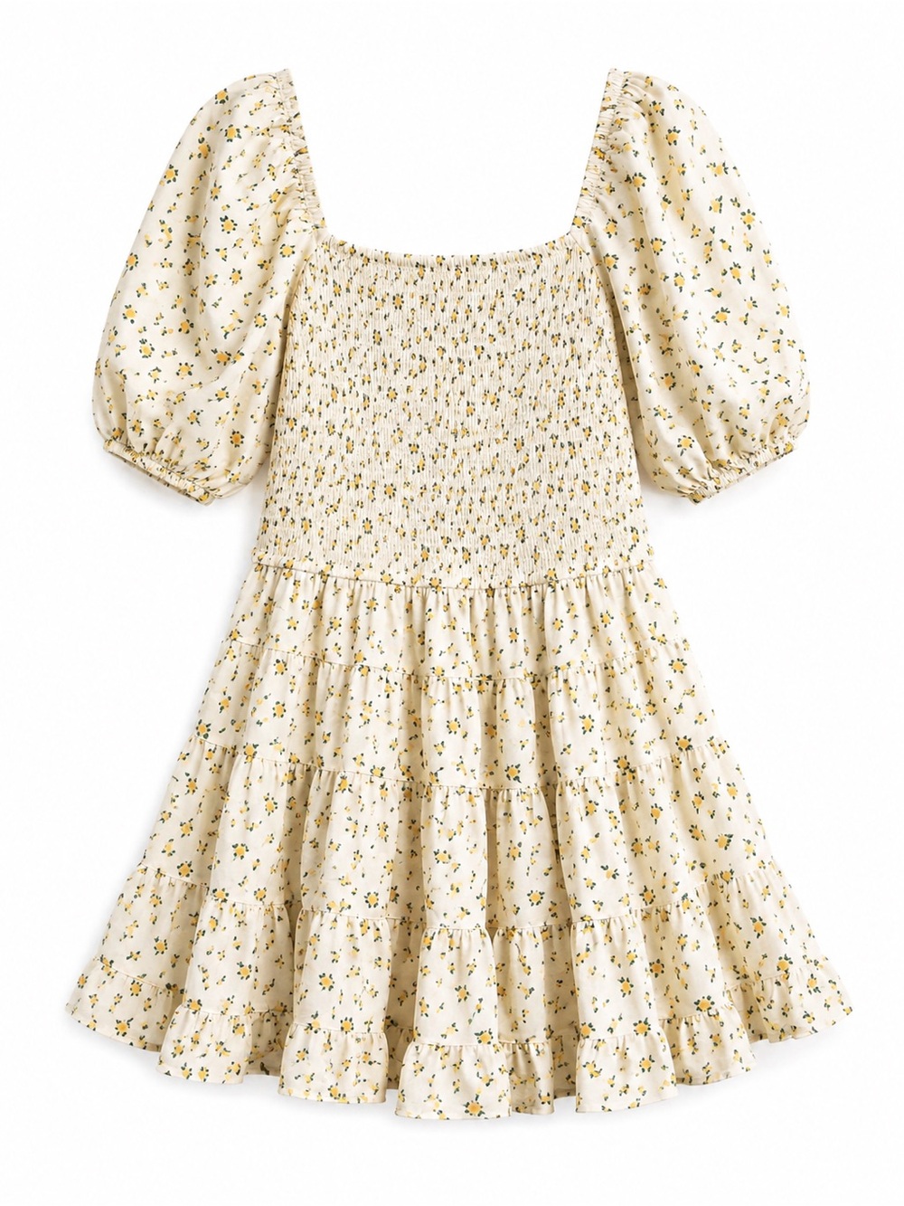 Smocked Cream Floral Mini Dress with Puff Sleeves